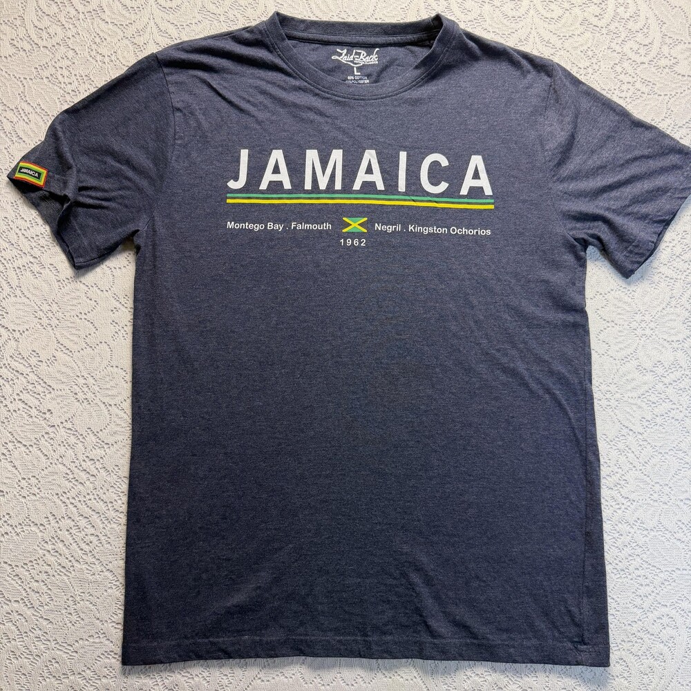 Laid Back Shirt Mens Large Blue Jamaica Flag Graphic Travel Caribbean Tee